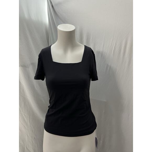 MANGOPOP Women’ Square Neck Black Stretchy Short Sleeve Basic T-Shirt Sz S - Picture 1 of 4